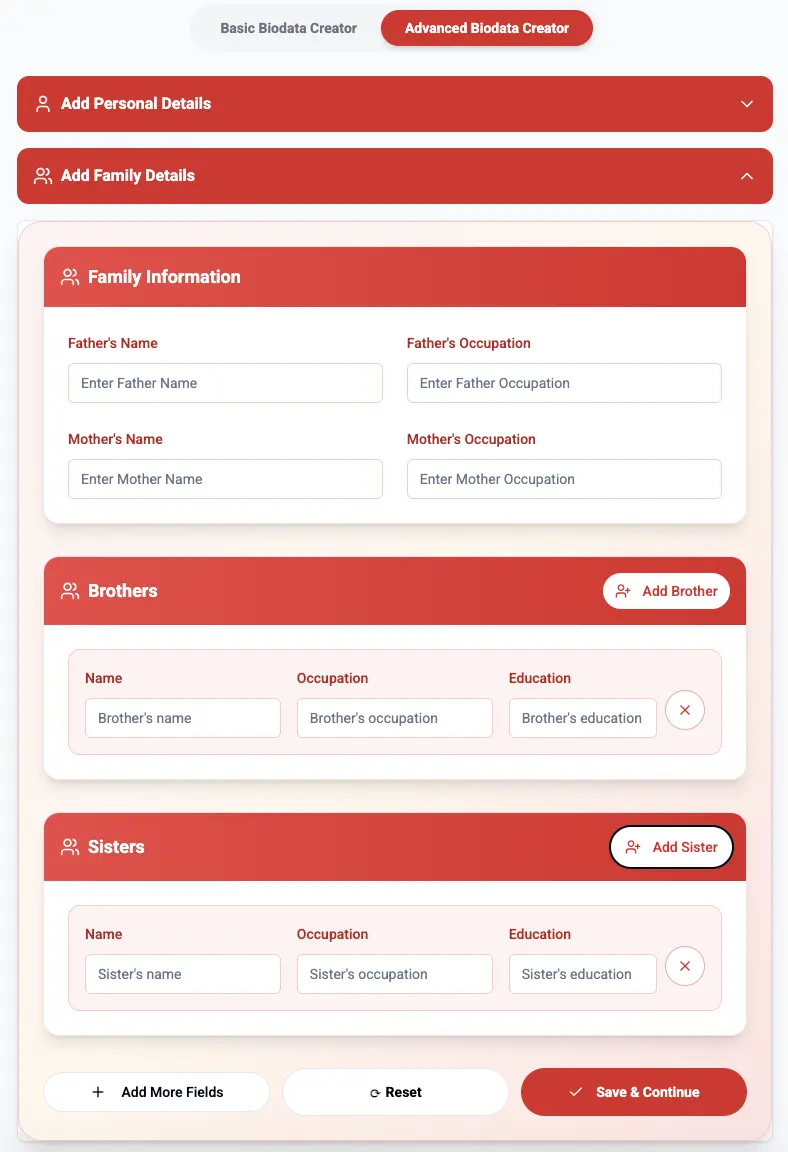 Step 2 - Family Details Collection